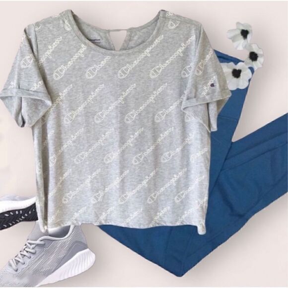 Champion Repeat Logo Heather Gray Roll Sleeve Crop Top Tee Sz 2X - Picture 8 of 8